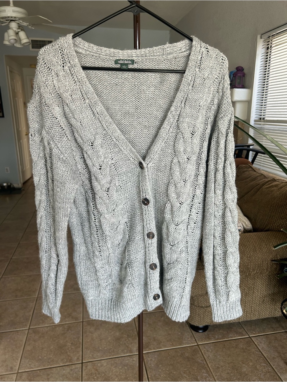 wild fable Light Gray Cable-Knit V-Neck Cardigan